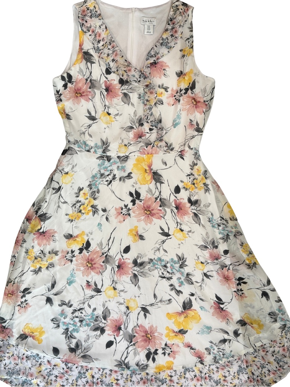 Nicole Miller White Floral Maxi Dress with Pink Yellow & Blue Blooms